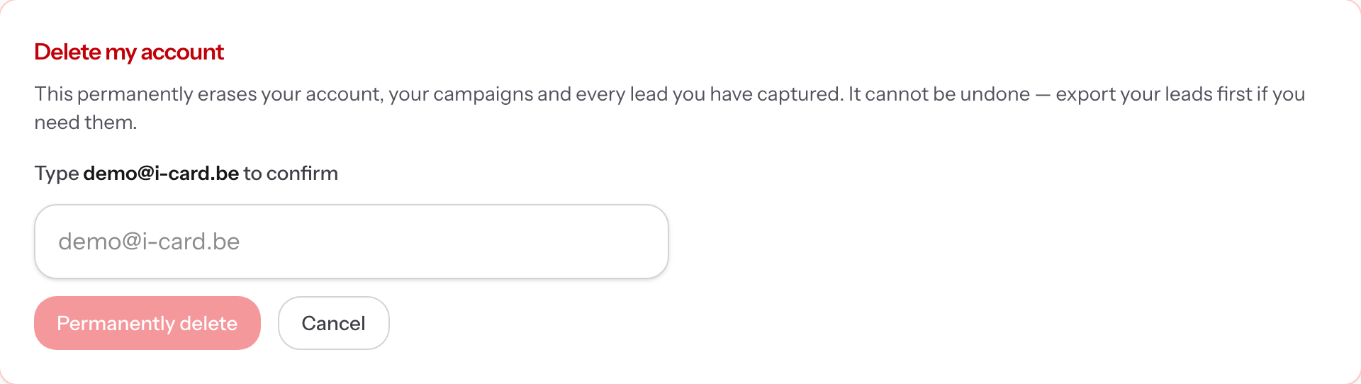 The account deletion screen in LeadShake, with email confirmation