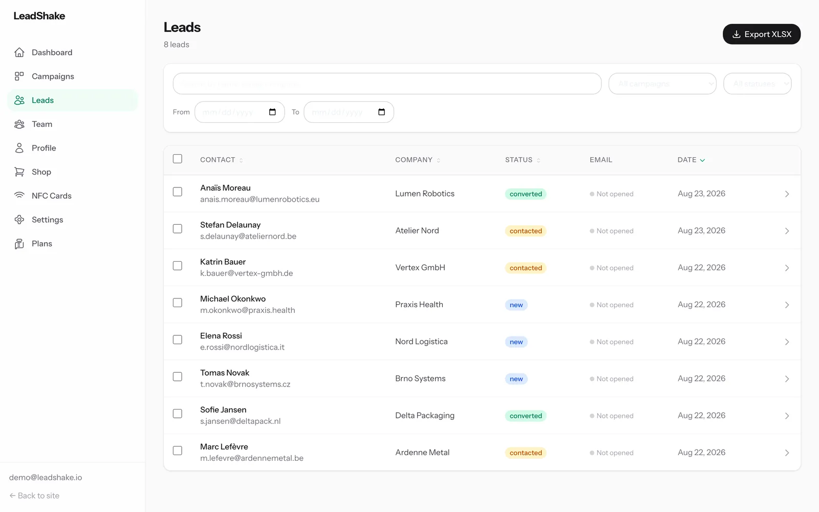Every contact, timestamped and searchable